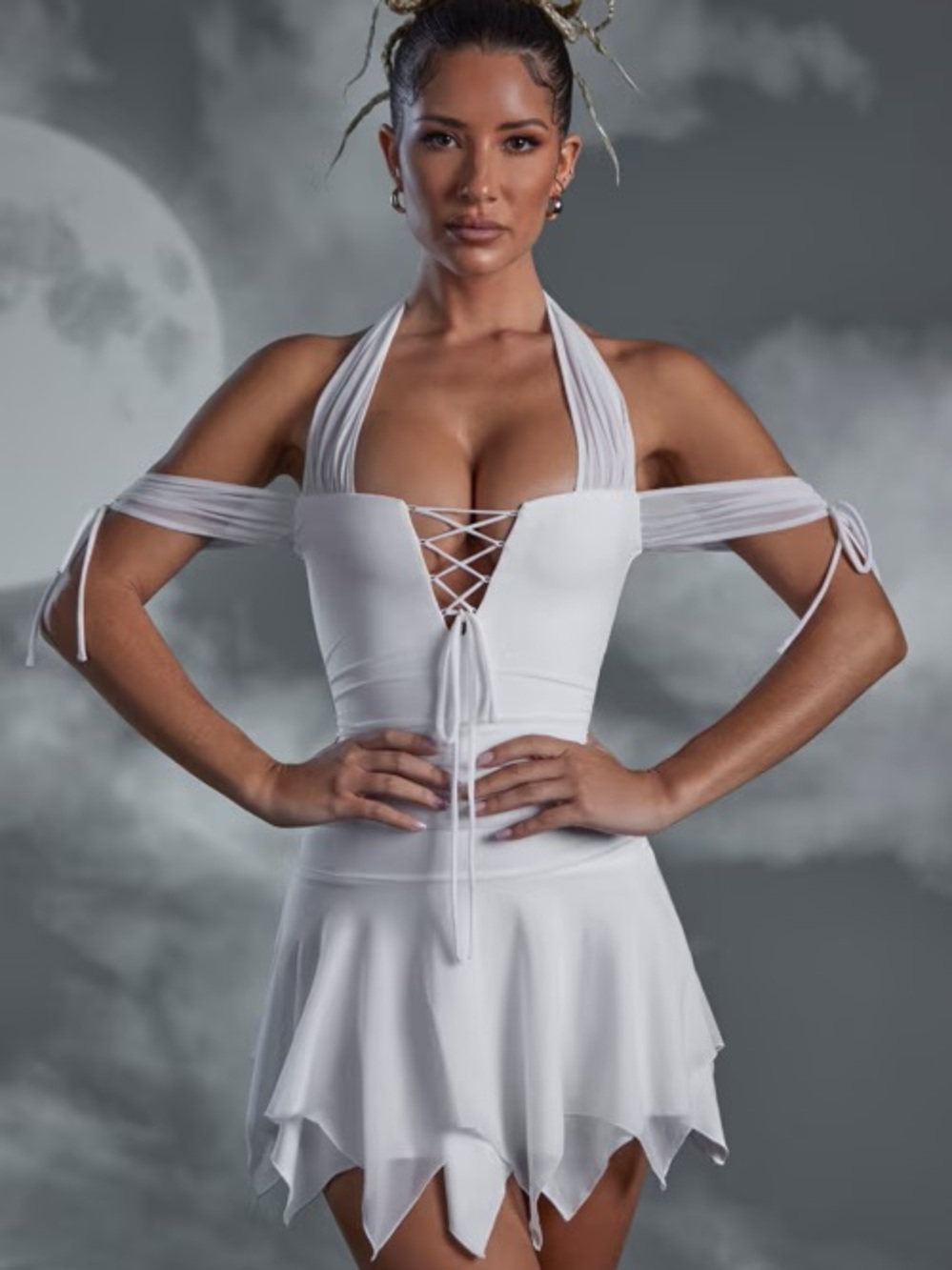 Oh Polly White Lace-Up Halter Skater Dress with Off-Shoulder Tie Sleeves